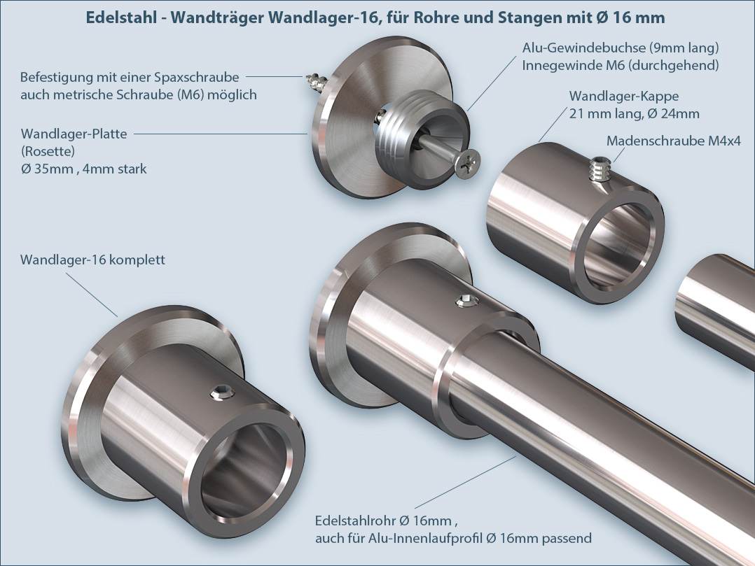 Wohndesign-Produkte, Stangen-Träger Wandlager 16, Edelstahl - V2A..
