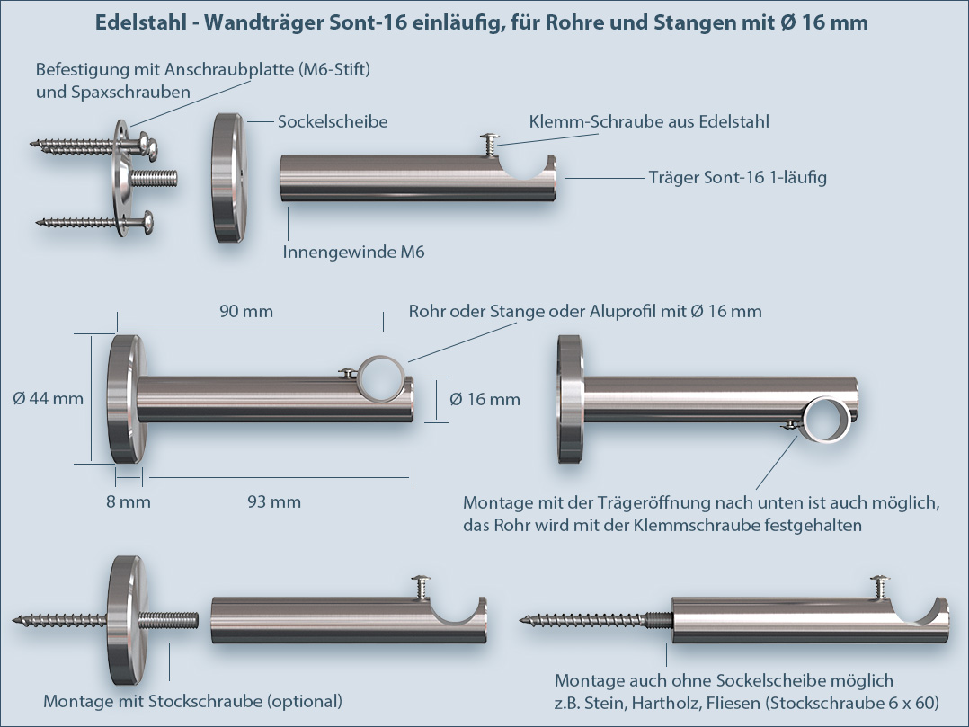 Befestigung Anleitung Stangenhalterung Rohrhalterung sont-16mm 1-Lauf für Bad und Wohnbereich
