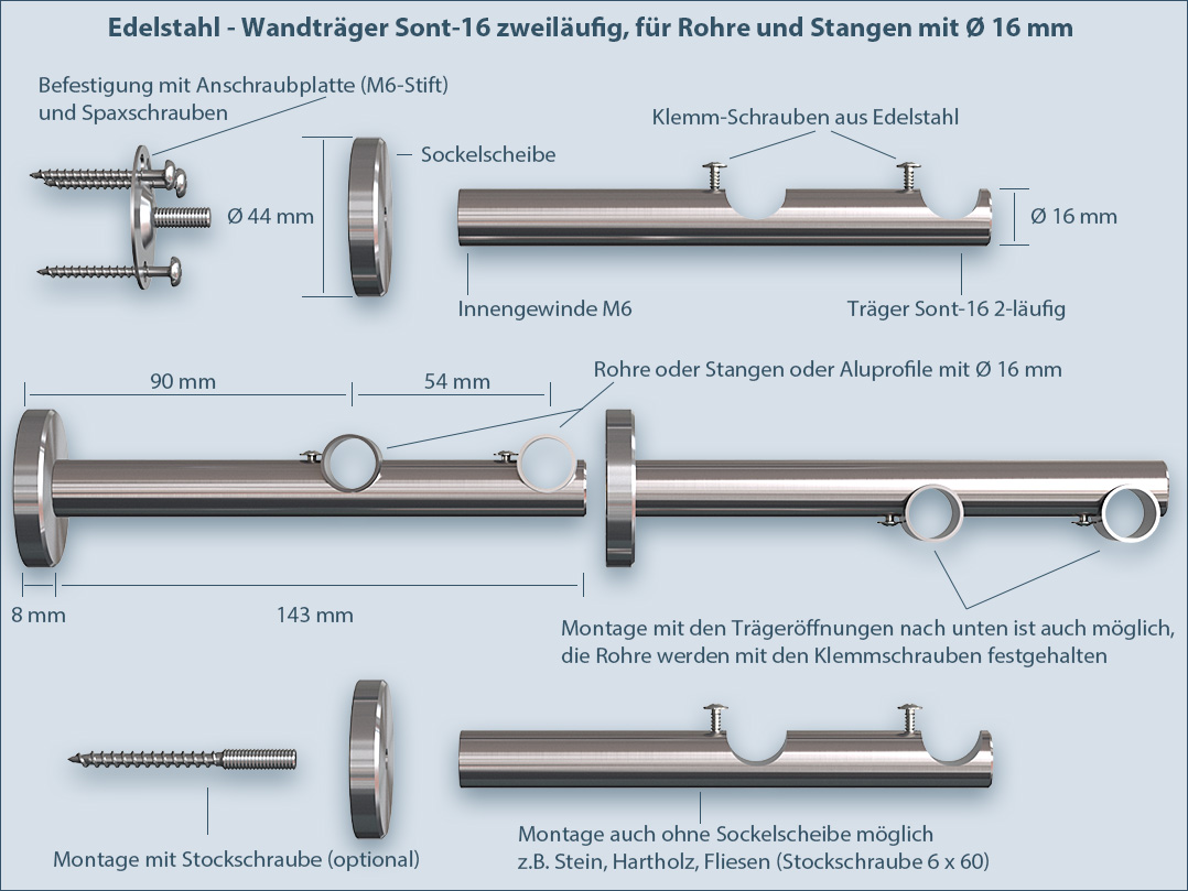 Doppellauf-Stilgarnitur Sont-16mm Edelstahl-Rohr nach Wünschen