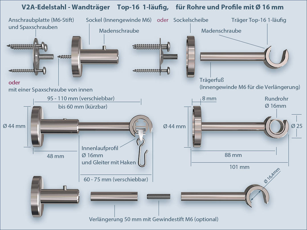 für und Träger Top-16mm Rundrohr-Gardinenstangen