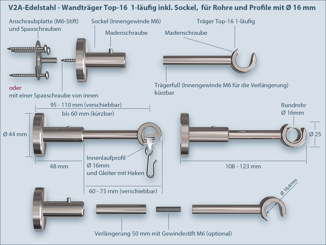 Montageanleitung: Träger Halter für Rundrohr-Gardinenstange Top-16mm einläufig mit dem Sockel