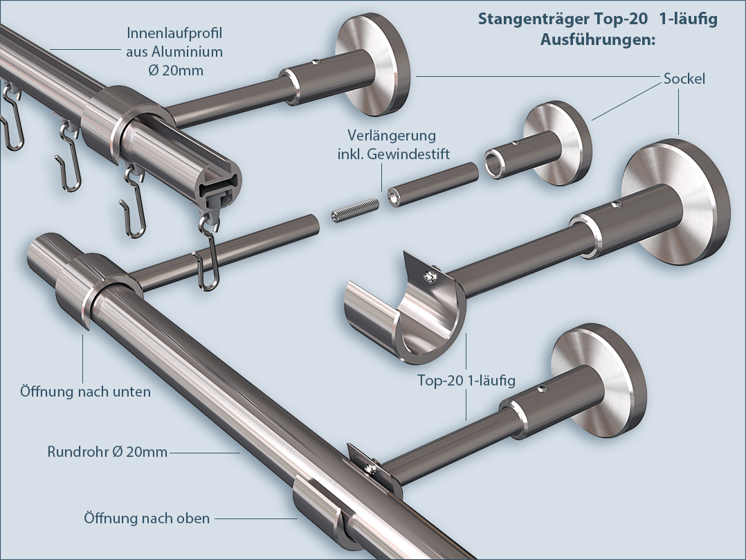 Stangen-Träger Top 20mm für Rundrohr- und Innenlauf Gardinenstange V2A